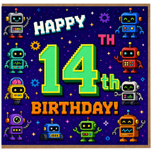 14th Birthday Card, Pixel Robot Retro Gaming Style