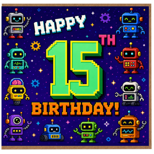 15th Birthday Card, Retro Robot Gaming Design