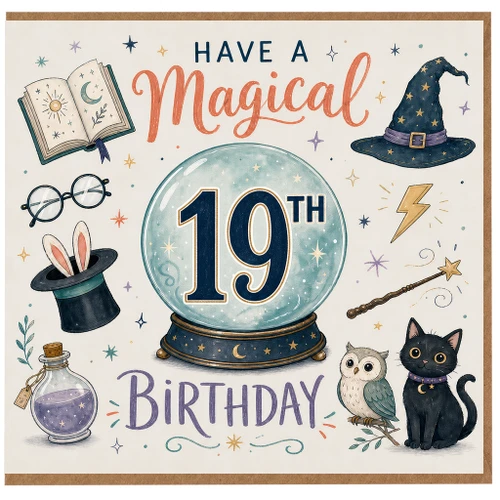 19th Birthday Card, Have a Magical Birthday, Wizard and Crystal Ball Design
