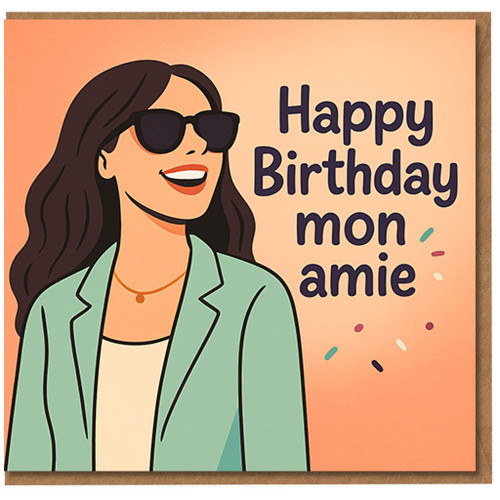 Chic Friend Birthday Card - 'Happy Birthday mon amie' with Stylish Woman in Sunglasses, Modern Illustration for Best Friend, French-Inspired Design