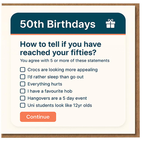Funny 50th Birthday Card - How to Tell If You’ve Reached Your Fifties Checklist - Humorous Milestone Card