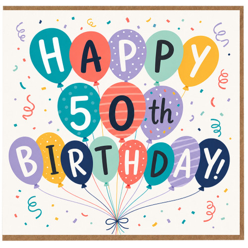 50th Birthday Card, Happy Birthday Balloons and Confetti Design