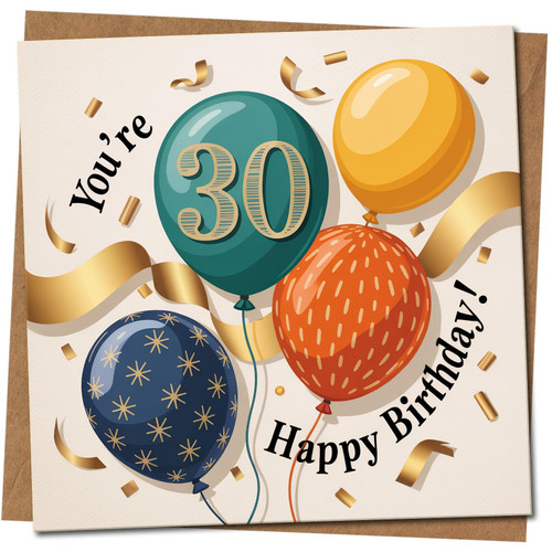 30th Birthday Card - You're 30 Happy Birthday Balloons & Confetti Design, Square Greeting Card, 145mm x 145mm, Includes Kraft Envelope