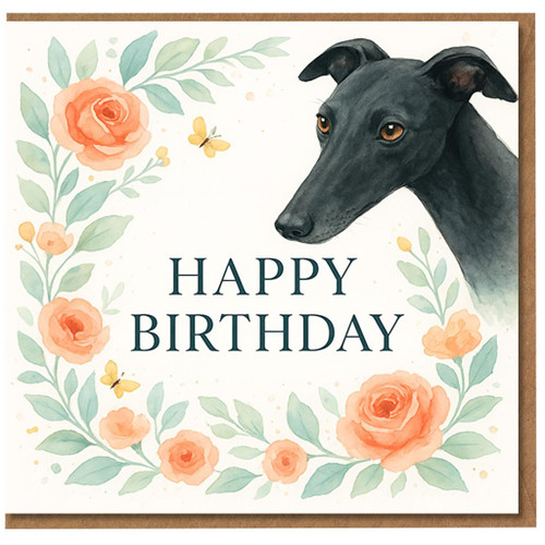 Greyhound Birthday Card - Watercolour Dog with Peach Roses and Butterflies - Happy Birthday Floral Design for Dog Lovers