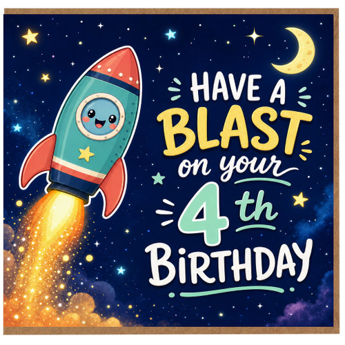 4th Birthday Card, Have a Blast Rocket Space Birthday Card