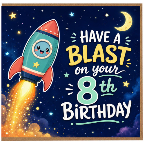 8th Birthday Card, Have a Blast Space Rocket Design