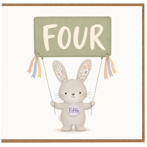 5th Birthday Card, Cute Rabbit Holding FOUR Sign for a Special Birthday