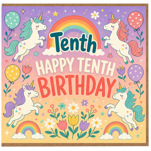 10th Birthday Card, Unicorn Rainbow Happy Birthday