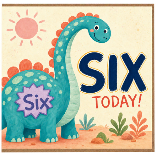 6th Birthday Card, Six Today Dinosaur Card