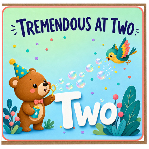 2nd Birthday Card, Tremendous at Two Cute Bear and Bird Design