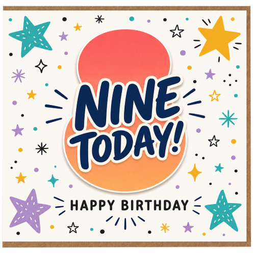 9th Birthday Card, Nine Today Birthday Card, Colourful Kids Birthday Card