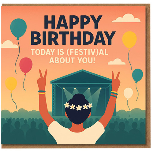 Happy Birthday Festival Card - Today is (Festiv) al About You! Music Lover Design with Stage, Balloons and Crowd - Fun Pun Birthday Greeting Card
