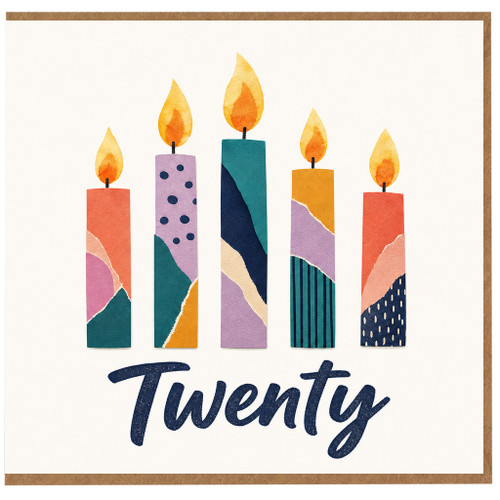 20th Birthday Card, Colourful Candle Design, Twenty Birthday Card