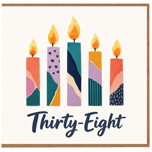 38th Birthday Card, Thirty - Eight Birthday Card with Colourful Candle Design