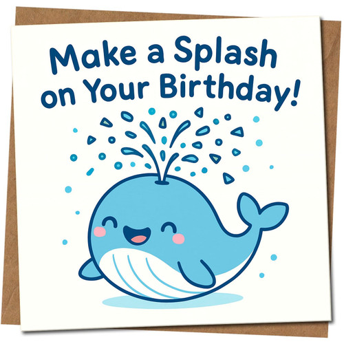Cute Whale Birthday Card - Make a Splash on Your Birthday! 145mm x 145mm Square Greeting Card - Fun Nautical Design -, Includes Kraft Envelope