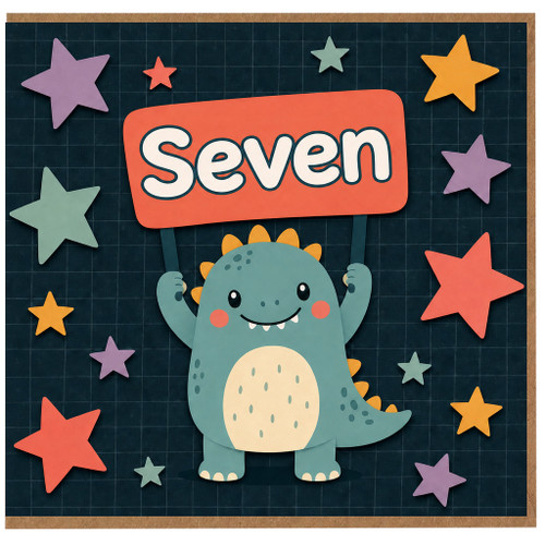 7th Birthday Card, Cute Dinosaur Seven Card