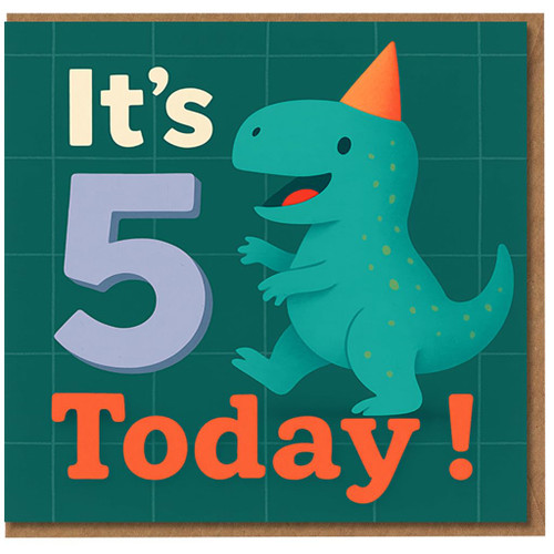 5th Birthday Card for Kids - Cute Dinosaur with Party Hat - 'It's 5 Today!' Age Five Children's Birthday Card