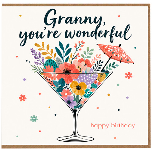 Granny Birthday Card, You're Wonderful Floral Cocktail Glass Happy Birthday Card