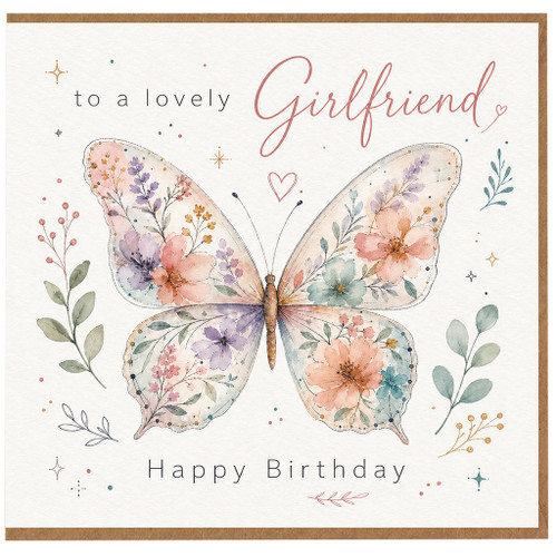 Girlfriend Birthday Card, Floral Butterfly Happy Birthday Card