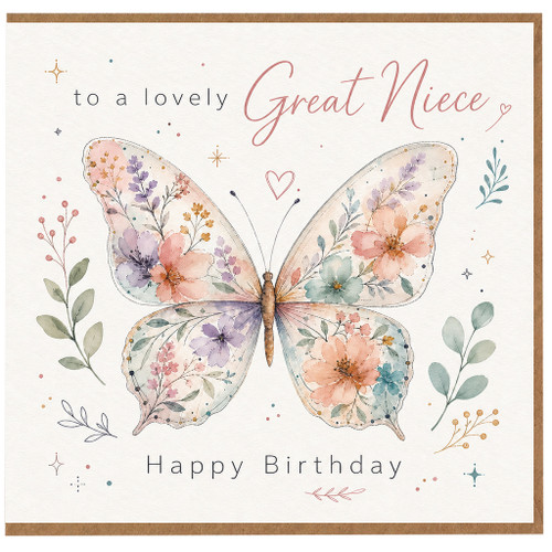 Great Niece Birthday Card, Floral Butterfly Happy Birthday Card