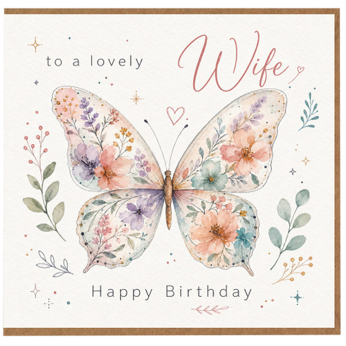 Wife Birthday Card, To a Lovely Wife Happy Birthday Floral Butterfly Card