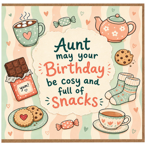 Aunt Birthday Card, Cosy and Full of Snacks Birthday Card