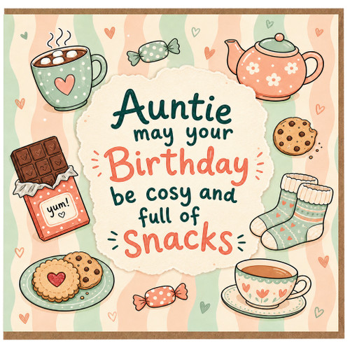 Auntie Birthday Card, Cosy Snacks and Tea Themed Birthday Card