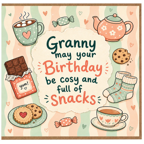 Granny Birthday Card, Cosy and Full of Snacks Cute Birthday Card
