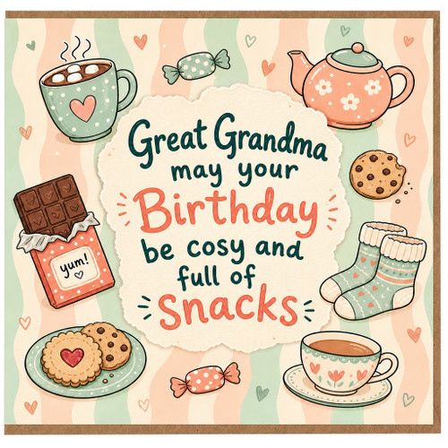 Great Grandma Birthday Card, Cosy and Full of Snacks Sweet Treats Card