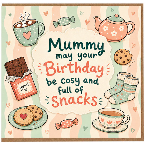 Mummy Birthday Card, Cosy and Full of Snacks Cute Birthday Card