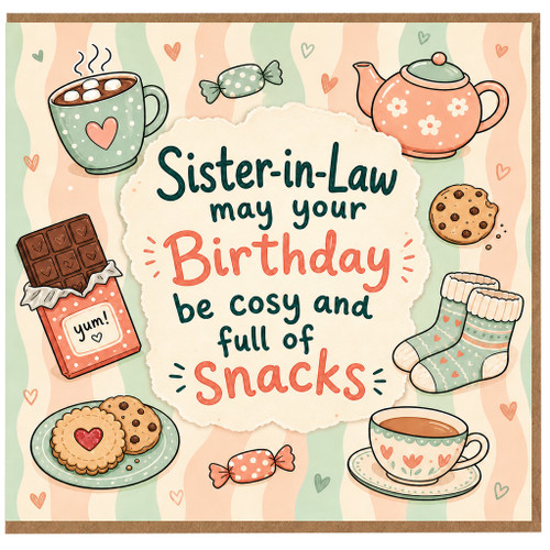 Sister - in - Law Birthday Card, Cosy and Full of Snacks Cute Pastel Birthday Card