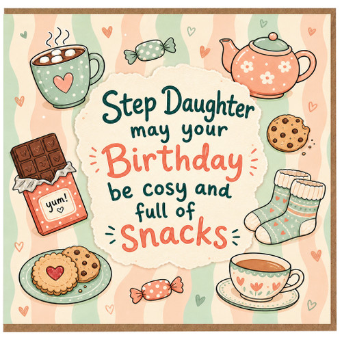 Step Daughter Birthday Card, Cosy Full of Snacks Birthday Card