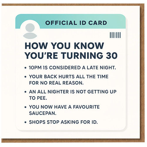 Funny 30th Birthday Card - Official ID Card Checklist: How You Know You're Turning 30 - Humorous Milestone for Him or Her