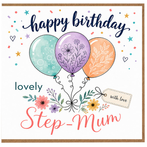 Step - Mum Birthday Card, Lovely Floral Balloon Happy Birthday Card for Step Mum