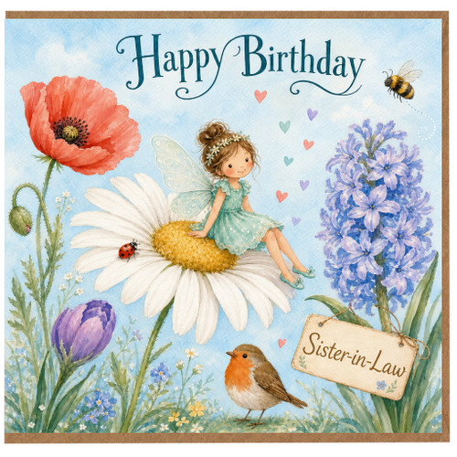 Sister - in - Law Birthday Card, Whimsical Fairy Floral Happy Birthday Card