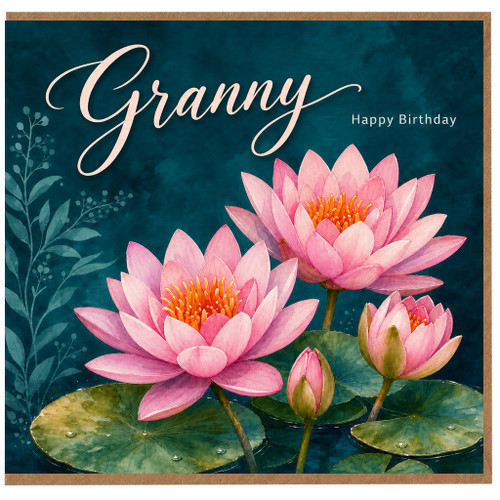 Granny Birthday Card, Pink Lotus Flower Happy Birthday Card