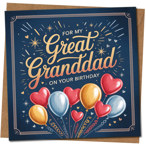 Great Granddad Birthday Card - For My Great Granddad On Your Birthday, Heart Balloons Design, 145mm x 145mm Square Greeting Card, Includes Kraft Envelope