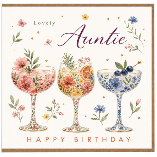 Auntie Happy Birthday Card, Floral Cocktail Glass Design