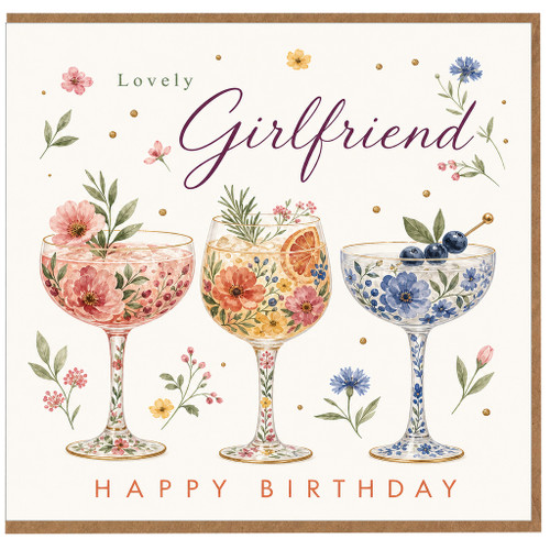 Girlfriend Birthday Card, Lovely Floral Cocktail Glasses Happy Birthday Card