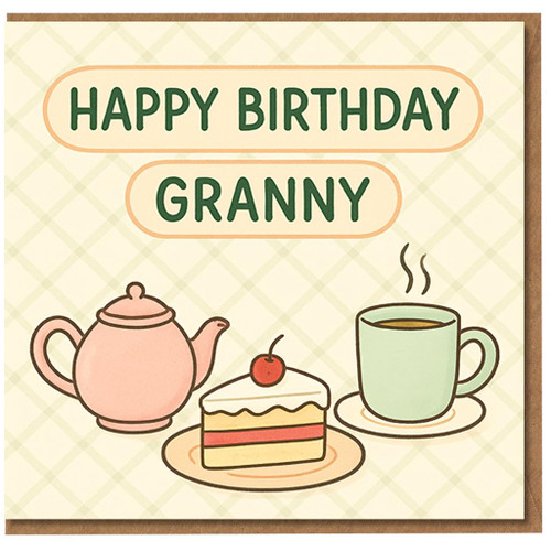 Happy Birthday Granny Card - Cute Tea, Coffee & Cake Illustration on Pastel Check Background - Sweet Card for Grandma/Granny/Nan/Nana