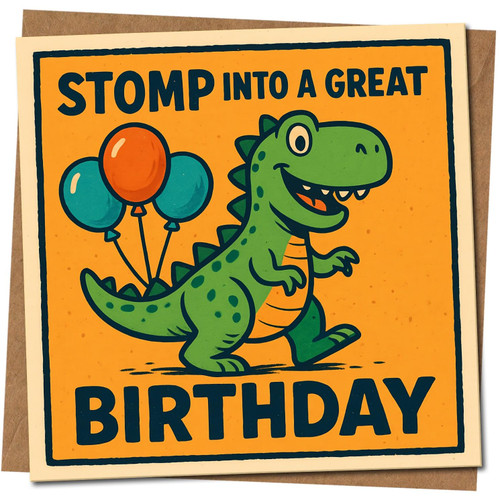 Dinosaur Birthday Card - Stomp Into a Great Birthday - Cute Kids Square Card, 145mm x 145mm, Includes Kraft Envelope