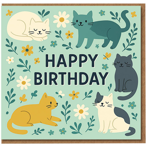 Happy Birthday Cats Card - Cute Illustrated Kittens with Daisies on Pastel Green, 'HAPPY BIRTHDAY' Text - Perfect for Cat Lovers, Friends or Family