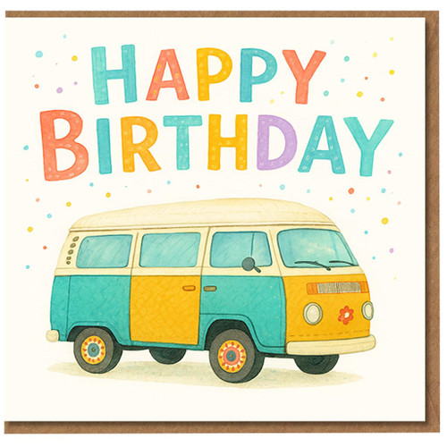 Happy Birthday Card - Retro Camper Van Illustration with Colourful Confetti - Cute Travel Theme for Campervan & Road Trip Lovers