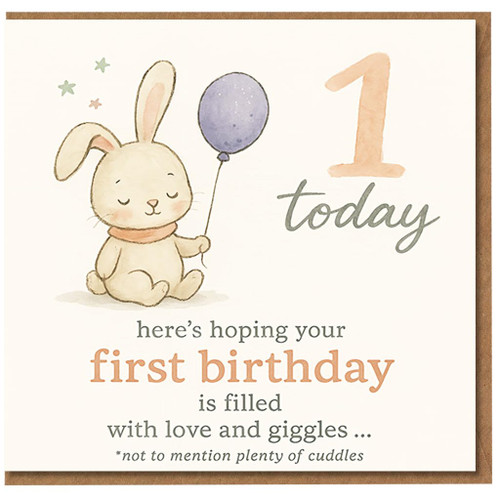 1st Birthday Card - Cute Bunny with Balloon, '1 today' and sweet verse, watercolour pastel design for baby's first birthday, love and giggles message