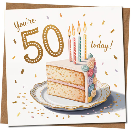 50th Birthday Card - You're 50 Today Cake and Candles Design, Milestone Square Greeting Card, 145mm x 145mm, Includes Kraft Envelope