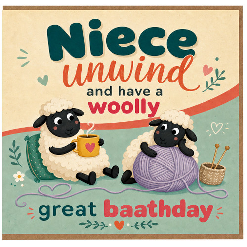 Niece Birthday Card, Unwind and Have a Woolly Great Baathday Sheep Card