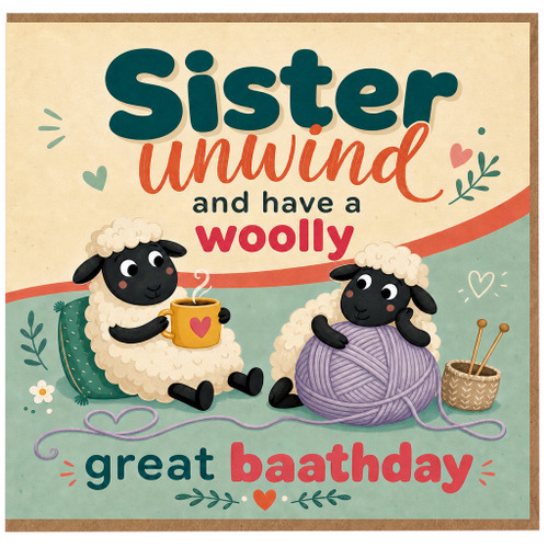 Sister Birthday Card, Unwind and Have a Woolly Great Baathday Sheep Card