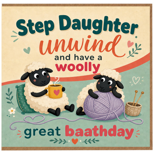 Step Daughter Birthday Card, Unwind and Have a Woolly Great Baathday Card