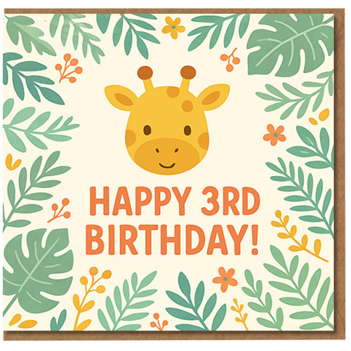 Cute Giraffe 3rd Birthday Card for Child - Jungle Safari Leaves and Flowers - Happy 3rd Birthday