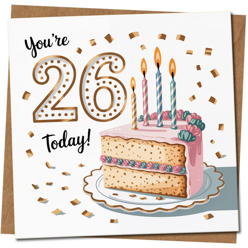 26th Birthday Card - You're 26 Today - Cake and Candles Confetti Design - 145mm x 145mm - For Him Her Friend - Kraft, Includes Kraft Envelope